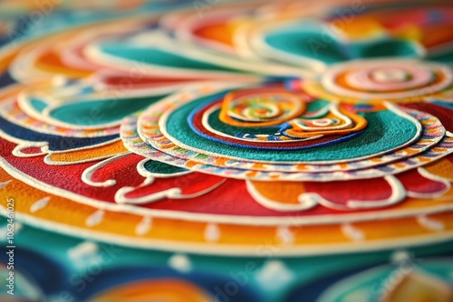 A detailed shot of a mandala painted in vivid colors. photo