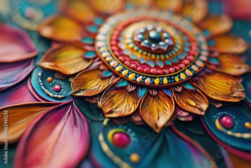 A detailed shot of a mandala painted in vivid colors.