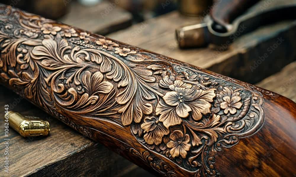 Intricate Carved Wood Gunstock with Floral Motif Exquisite Handcrafted Detail on Firearm Intricate Carved Wood Gunstock with Floral Motif Exquisite Handcrafted Detail on Firearm