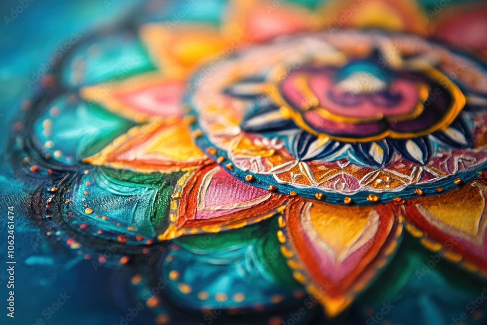 A detailed shot of a mandala painted in vivid colors. A detailed shot of a mandala painted in vivid colors.