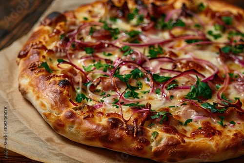 Fresh pizza on black board held by hands, melted cheese, herbs, close-up of vibrant toppings