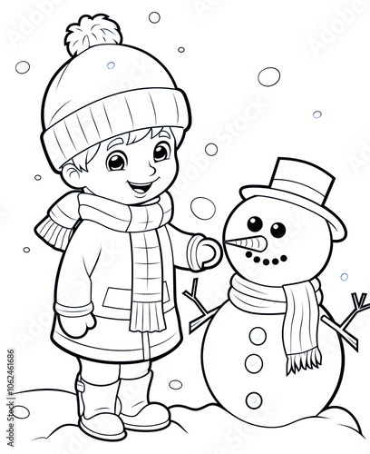 Boy makes Snowman. Festive Winter card photo