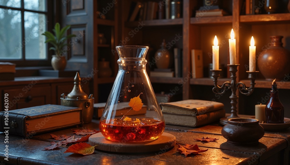 Cozy Autumn-Inspired Study with Glass Flask, Falling Leaves, and Candlelight Cozy Autumn-Inspired Study with Glass Flask, Falling Leaves, and Candlelight