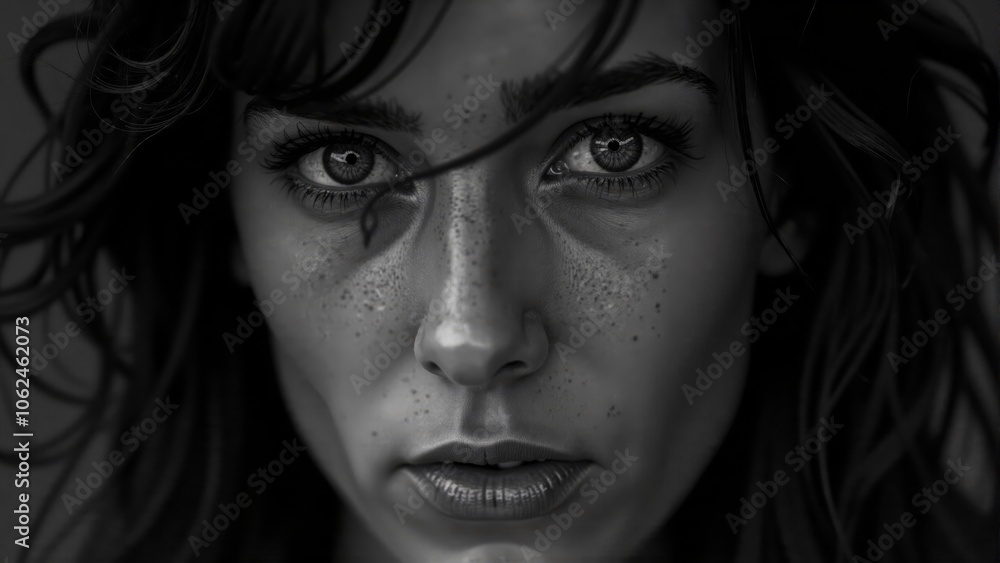 A captivating portrait of a woman with expressive eyes and wild hair against a dark background A captivating portrait of a woman with expressive eyes and wild hair against a dark background