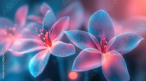 Two glowing pink and blue flowers with bokeh background.