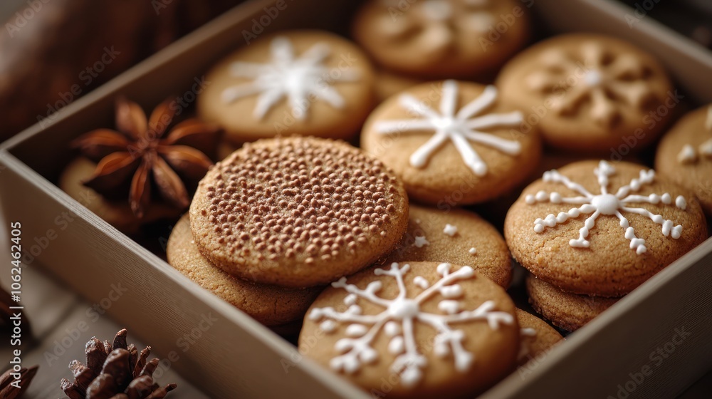 Close-up of a box of gingerbread cookies with white frosting and snowflake designs, along with star anise and pine cones. Close-up of a box of gingerbread cookies with white frosting and snowflake designs, along with star anise and pine cones.