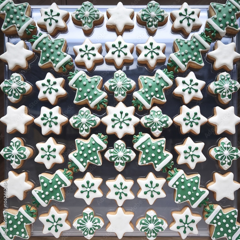 Fototapeta premium Overhead flat lay of festive holiday sugar cookies intricately decorated with green and white royal icing in snowflake, star, and Christmas tree shapes.