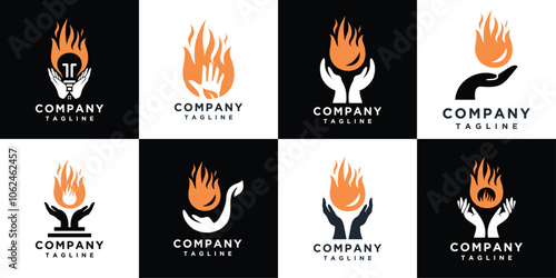 fire hand vector logo design images collection. hand logo set icon with fire