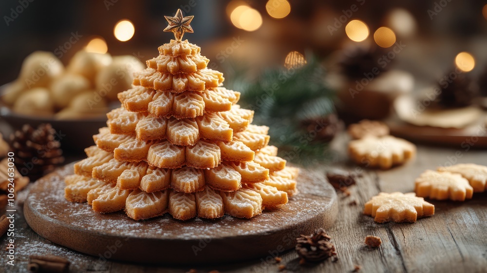 Christmas tree shaped cookies with a star on top, surrounded by pine cones, cinnamon sticks and other cookies on a wooden table. Christmas tree shaped cookies with a star on top, surrounded by pine cones, cinnamon sticks and other cookies on a wooden table.