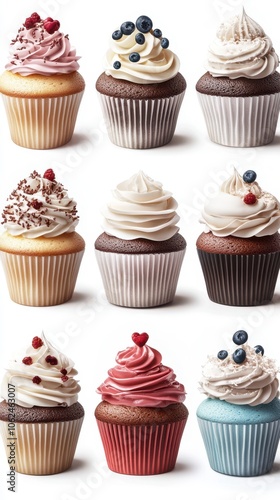 Nine colorful cupcakes with various toppings are arranged in three rows on a white background