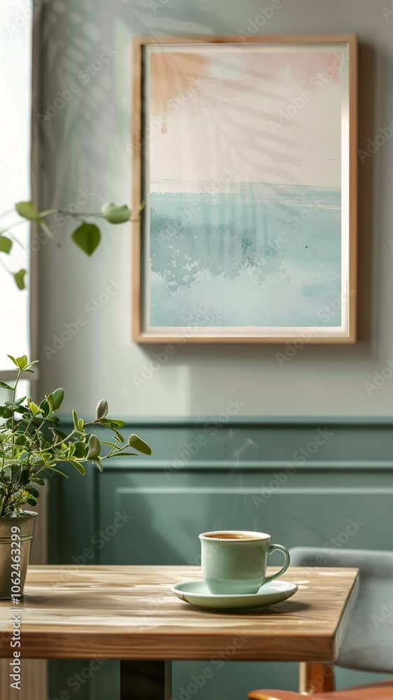 A serene and minimalist scene with a cup of coffee on a wooden table, set against a backdrop of a calming abstract painting and a green wall with wainscoting. A serene and minimalist scene with a cup of coffee on a wooden table, set against a backdrop of a calming abstract painting and a green wall with wainscoting.