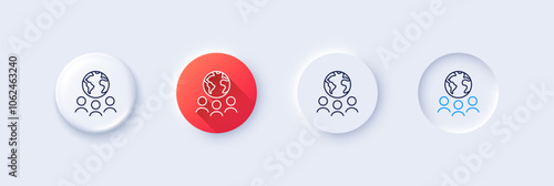 Global business line icon. Neumorphic, Red gradient, 3d pin buttons. International outsourcing group sign. Internet marketing symbol. Line icons. Neumorphic buttons with outline signs. Vector