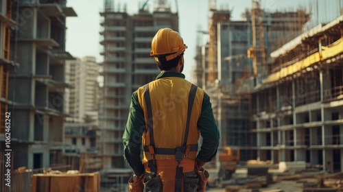 Construction worker in protective helmet and equipment standing with his back against the background of the construction site with space for text or inscriptions 