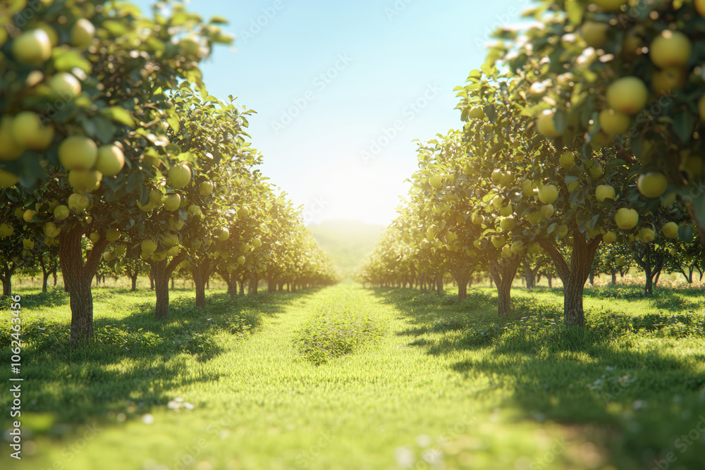 Orchard of apple trees in sunny field, lush foliage, fruit-bearing trees, fresh apples, rural landscape, agricultural bounty concept Orchard of apple trees in sunny field, lush foliage, fruit-bearing trees, fresh apples, rural landscape, agricultural bounty concept