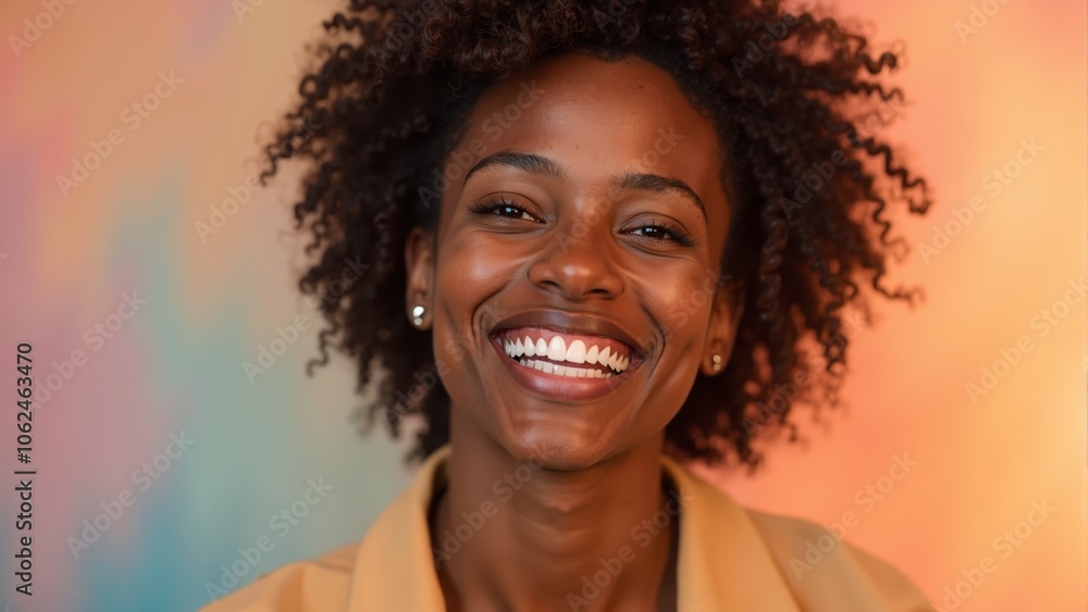 Joyful woman smiling against a colorful wall in a bright, sunny atmosphere Joyful woman smiling against a colorful wall in a bright, sunny atmosphere