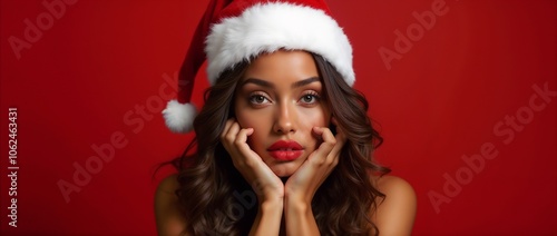 A beautiful woman wearing a Santa hat poses against a vibrant red background, embodying festive joy and holiday spirit. Perfect for Christmas-themed projects and seasonal promotions.