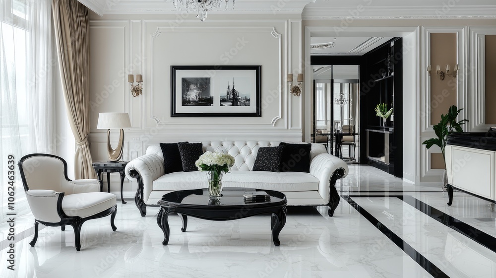 Fototapeta premium A modern living room with a white sofa, black coffee table, and white armchair, with white walls and a black and white picture on the wall.