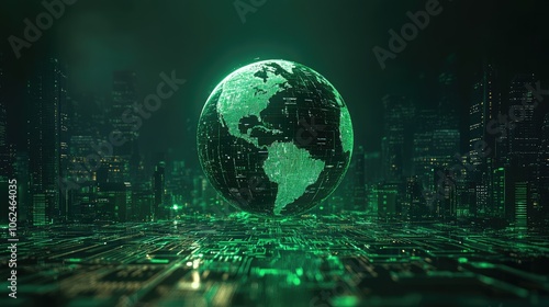 A glowing green Earth sits on a circuit board in a digital city.