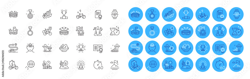 Yoga music, Winner cup and Basketball line icons pack. Hourglass timer, Winner reward, Arena stadium web icon. Bike path, E-bike, Certificate pictogram. Sports arena, Timer, Mountain flag. Vector Yoga music, Winner cup and Basketball line icons pack. Hourglass timer, Winner reward, Arena stadium web icon. Bike path, E-bike, Certificate pictogram. Sports arena, Timer, Mountain flag. Vector
