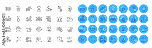 Yoga music, Winner cup and Basketball line icons pack. Hourglass timer, Winner reward, Arena stadium web icon. Bike path, E-bike, Certificate pictogram. Sports arena, Timer, Mountain flag. Vector