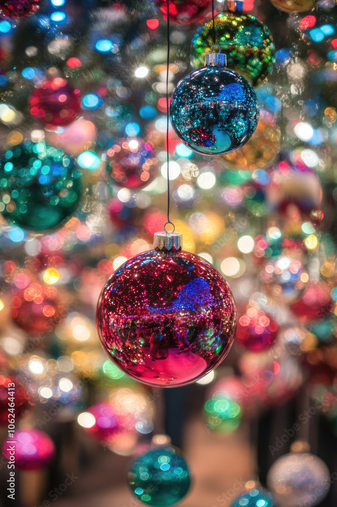 Naklejka premium An array of dazzling Christmas ornaments amidst a backdrop of colorful festive lights creates a lively holiday vibe, full of joy and wonder.