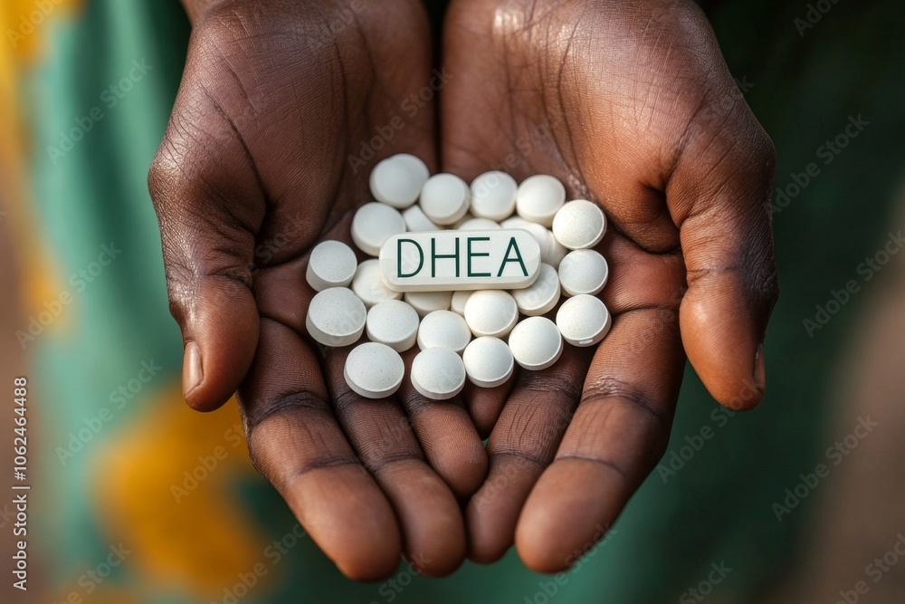 Close-up of hands holding dhea pills: health, wellness, and supplementation focus Close-up of hands holding dhea pills: health, wellness, and supplementation focus