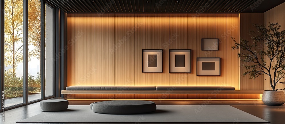 Minimalist Japanese style interior design with wooden wall, black framed pictures, and a long bench. Minimalist Japanese style interior design with wooden wall, black framed pictures, and a long bench.