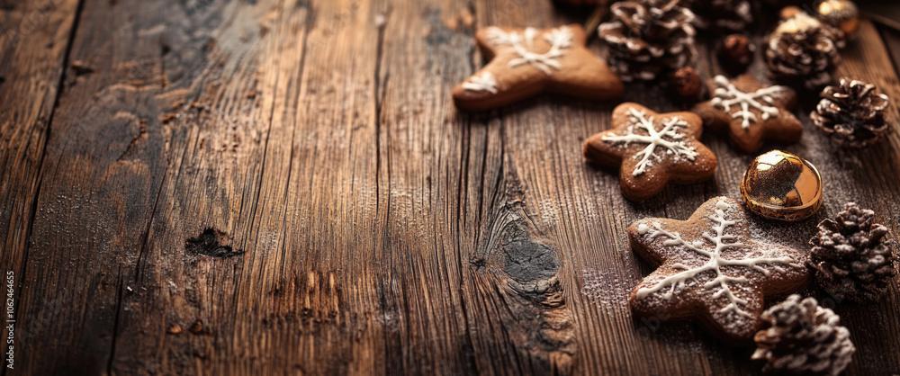 Rustic wooden surface featuring gingerbread cookies, pinecones, and a golden bell, capturing the essence of Christmas cheer and festive home decor. Rustic wooden surface featuring gingerbread cookies, pinecones, and a golden bell, capturing the essence of Christmas cheer and festive home decor.