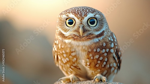 Adorable spotted owl perched with wide eyes against a soft, blurred background, AI photo