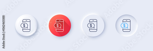 Pay by phone line icon. Neumorphic, Red gradient, 3d pin buttons. Mobile payment sign. Finance symbol. Line icons. Neumorphic buttons with outline signs. Vector