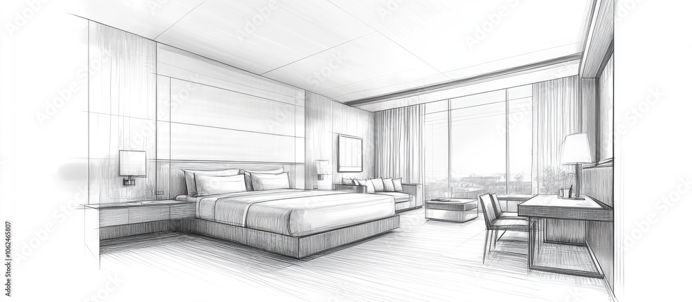 Hand drawn sketch of a modern hotel suite with a large bed, a desk, and a sofa. Hand drawn sketch of a modern hotel suite with a large bed, a desk, and a sofa.