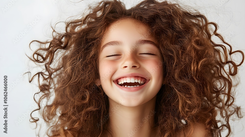 Smiling girl with curly hair joyfully on white studio background Smiling girl with curly hair joyfully on white studio background