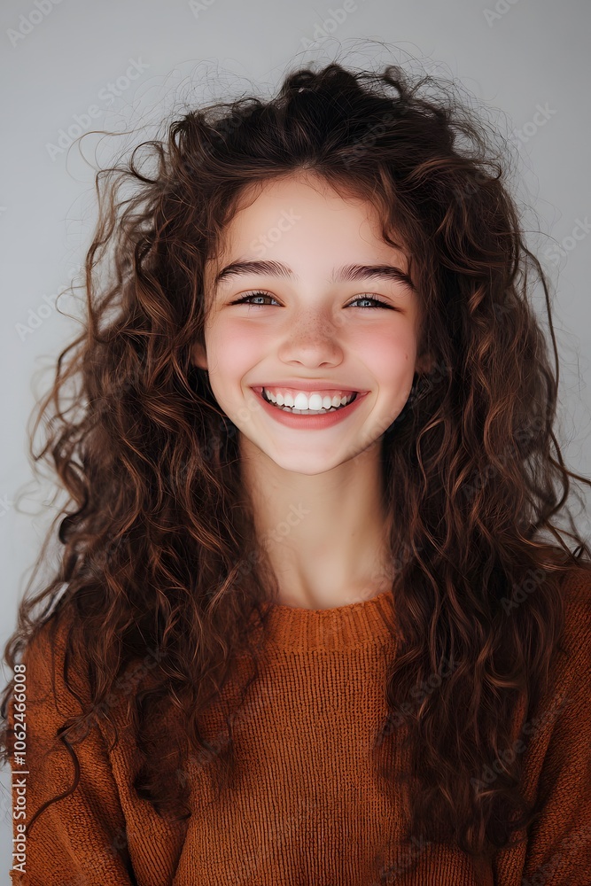 Smiling girl with curly hair joyfully on white studio background Smiling girl with curly hair joyfully on white studio background