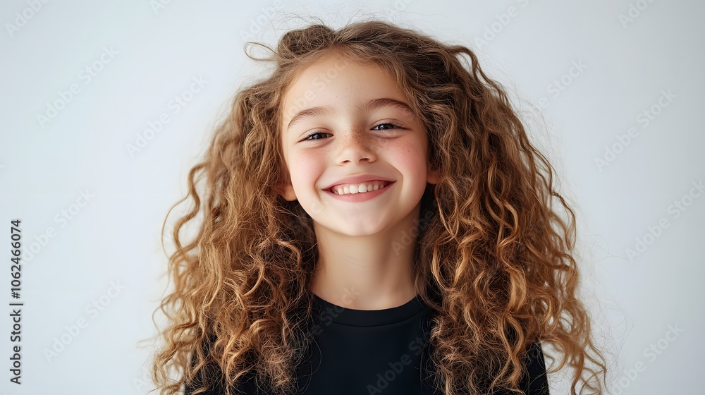Smiling girl with curly hair joyfully on white studio background Smiling girl with curly hair joyfully on white studio background