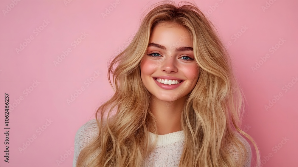 Smiling young woman with blonde long groomed hair isolated on pink background Smiling young woman with blonde long groomed hair isolated on pink background