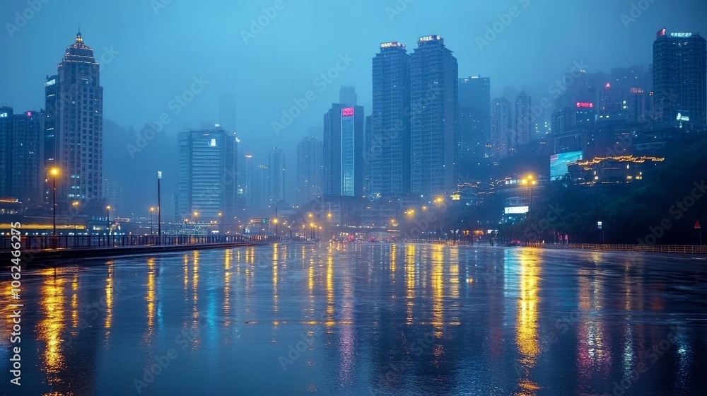 After the rain, a modern metropolis in Chongqing at night with gleaming asphalt roads and buildings After the rain, a modern metropolis in Chongqing at night with gleaming asphalt roads and buildings