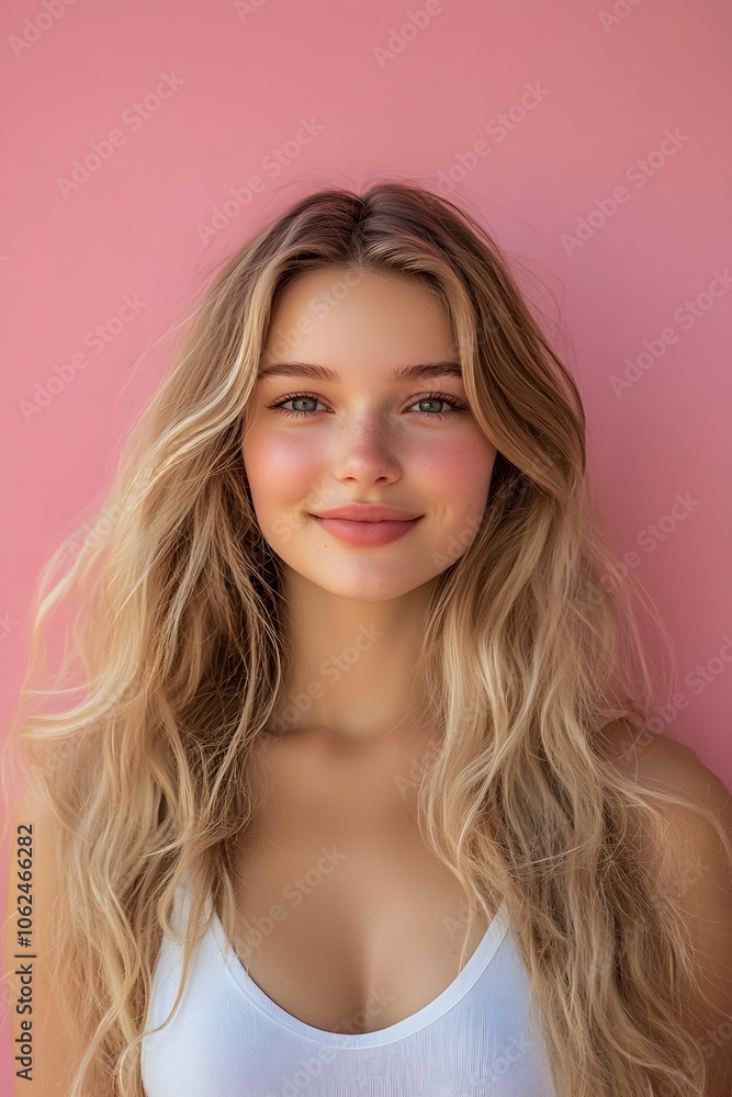 Smiling young woman with blonde long groomed hair isolated on pink background Smiling young woman with blonde long groomed hair isolated on pink background