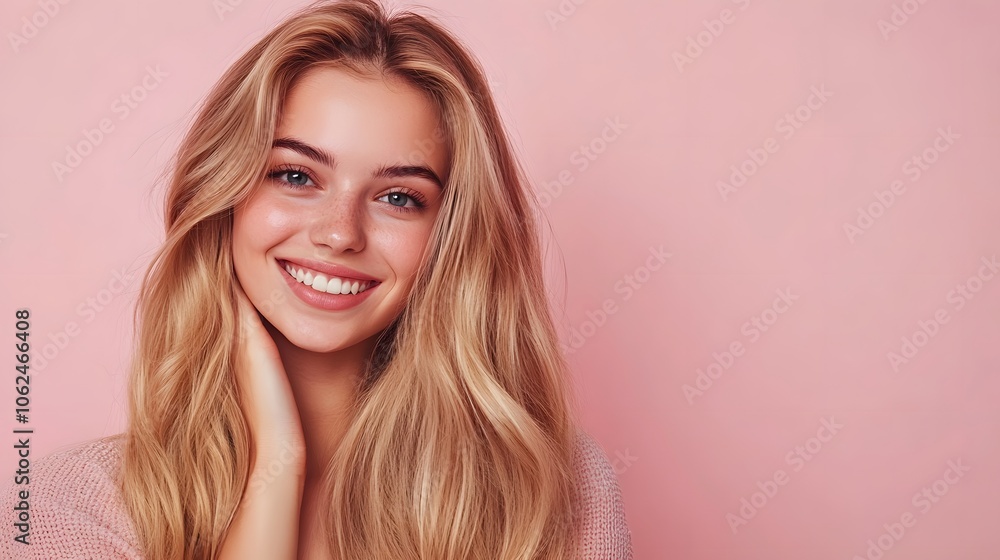 Fototapeta premium Smiling young woman with blonde long groomed hair isolated on pink background