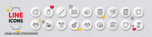 Dishwasher timer, Washing hands and Hold t-shirt line icons. White buttons 3d icons. Pack of Dont touch, Clean hands, Dishes icon. Toilet paper, Dirty spot, Cleaning service pictogram. Vector