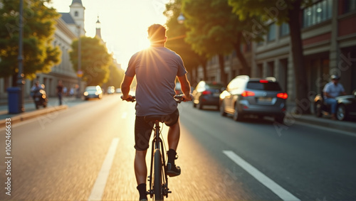 Cyclist or commuter who travels around the city by bike in summer, goes to work, does errands or shopping