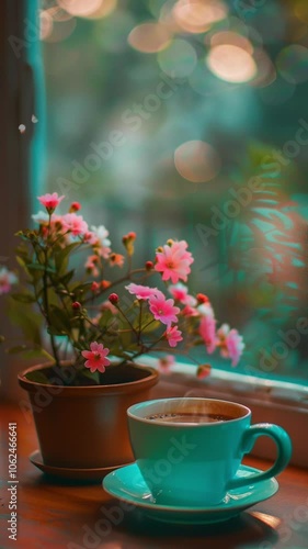 Wallpaper Mural A serene and inviting scene with a cup of tea and a potted plant with pink flowers, set against the backdrop of a rainy window. The soft, diffused light creates a peaceful Torontodigital.ca