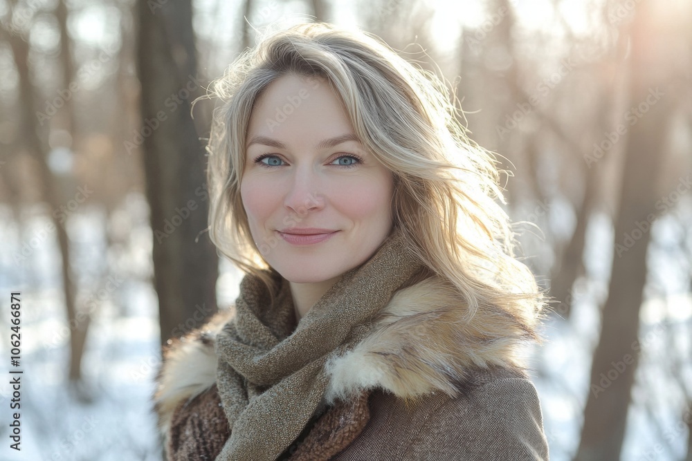 A smiling woman with blonde hair, wearing a fur-lined coat and scarf, stands in a sunlit, snowy winter forest.
A smiling woman with blonde hair, wearing a fur-lined coat and scarf, stands in a sunlit, snowy winter forest.