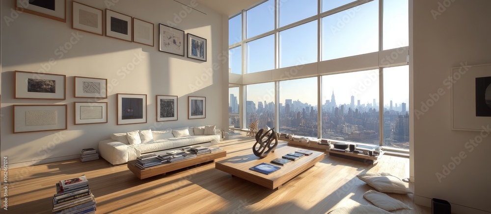 Fototapeta premium Modern living room with large windows overlooking city skyline. (1)