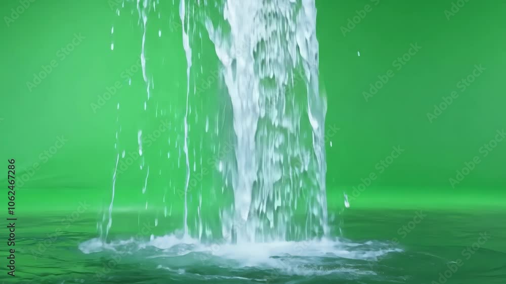 A close-up view of a waterfall stream with visible water flow, set against a green screen, capturing the motion and clarity of water.
