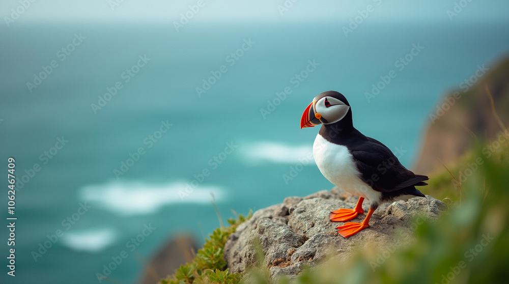 Fototapeta premium wild bird, nature, light, puffin on rocky cliff overlooking the ocean