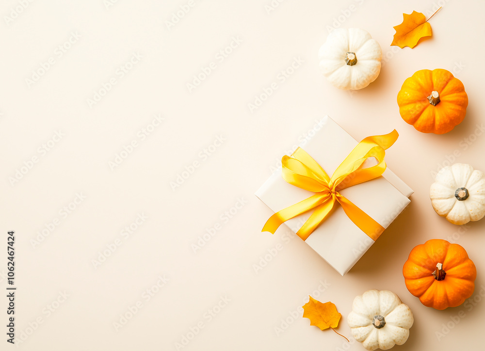 Obraz premium A beautifully wrapped white gift box adorned with a bright yellow ribbon, surrounded by small decorative pumpkins in orange and white.