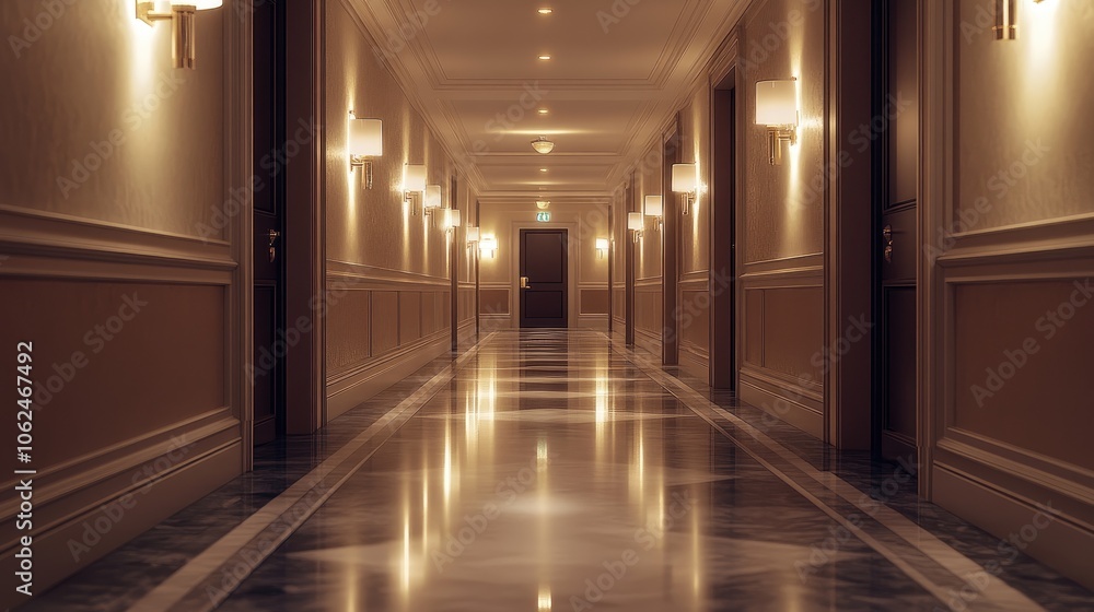 Empty hallway with closed doors, marble floors, and warm lighting. Empty hallway with closed doors, marble floors, and warm lighting.