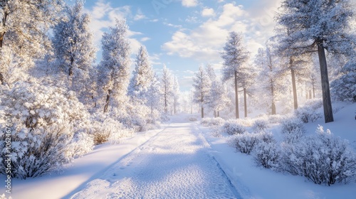 A winter wonderland is created when the roads and forest trees are covered in white snow.