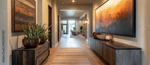 Wallpaper Mural Modern hallway with wooden floor, long console table with abstract art, and green plants in pots. Torontodigital.ca