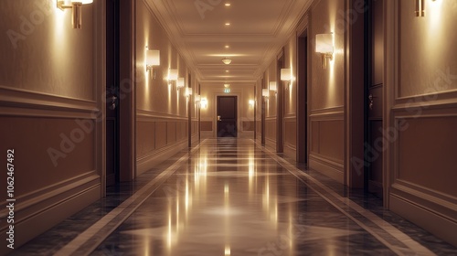 Empty hallway with closed doors, marble floors, and warm lighting.